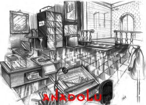 İmgesel Karakalem Bir Çalışma Odası Çizimi Balıkesir